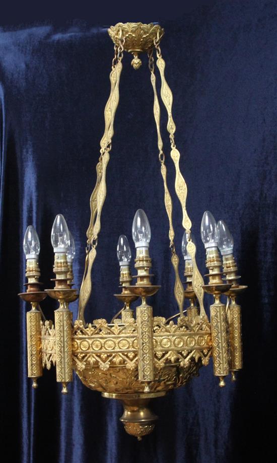 A gothic style repousse brass light fitting, overall 35in.